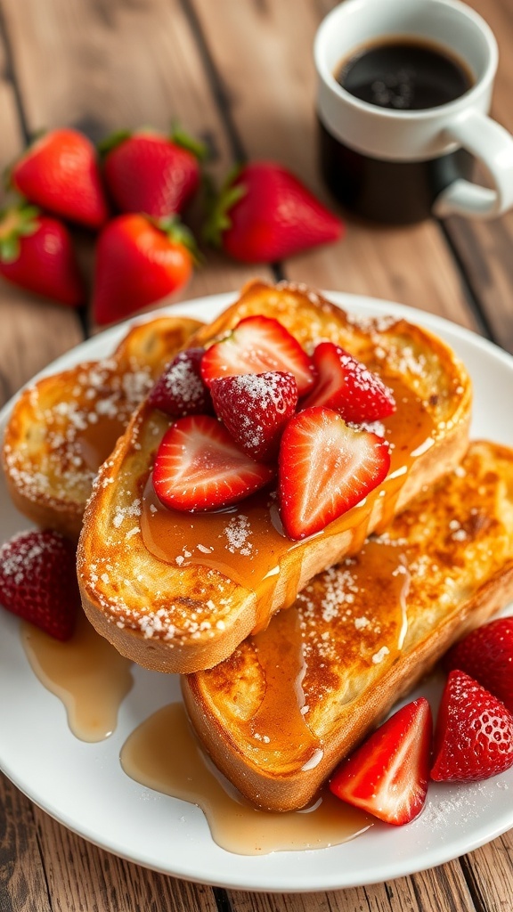 Simple 3-Ingredient French Toast Recipe Golden-brown French toast topped with strawberries and syrup on a rustic table.